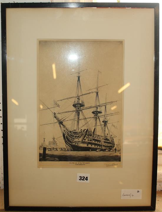 Signed etching of H.M.S. Victory